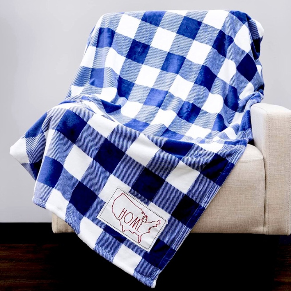 Rae Dunn "Home" US Patch Blue & White Plaid Fleece Throw NWT
